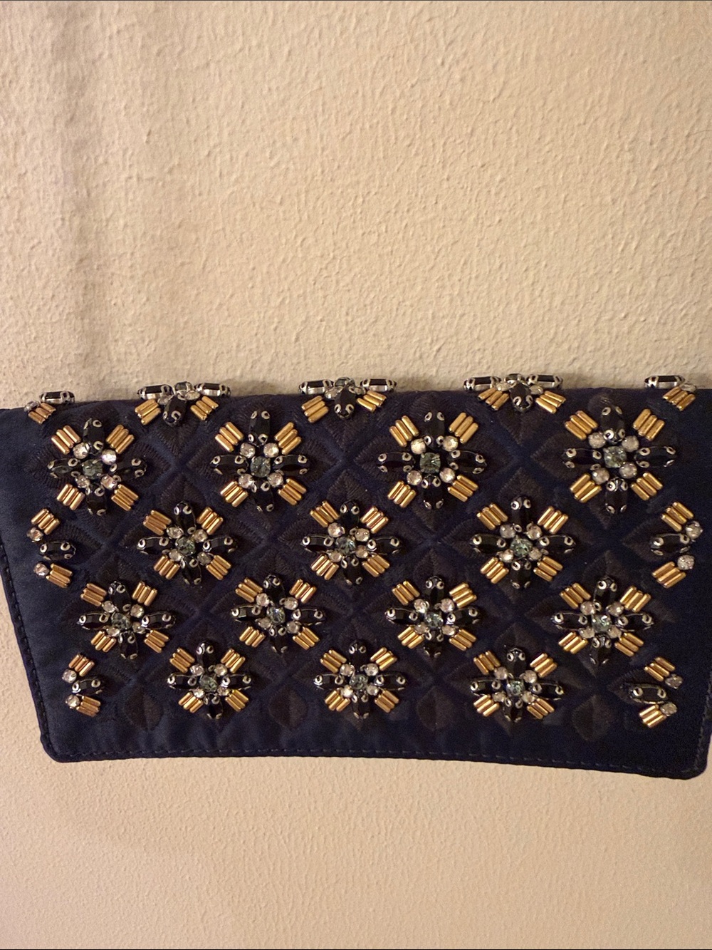 Tory Burch Navy Quilted Clutch with Gold & Silver Bead Flowers